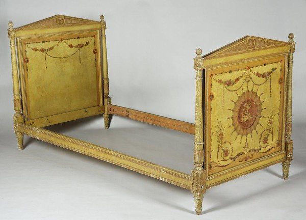 Edwardian paint decorated daybed in the manner of: Edwardian paint decorated daybed in the manner of Adam, Early 20th c., 41.5"h x 36.5"w x 77.5"l