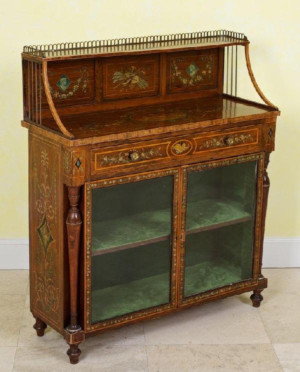 Nice Edwardian paint decorated rosewood side cabi: Nice Edwardian paint decorated rosewood side cabinet, Early 20th c., 41"h x 37"w x 13"d