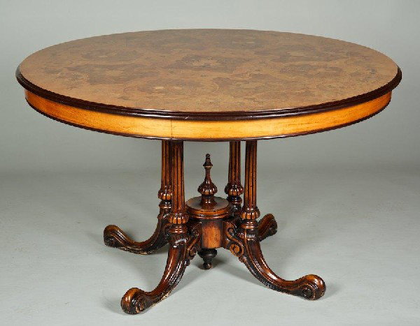 Edwardian marquetry inlaid tilt-top breakfast tab: Edwardian marquetry inlaid tilt-top breakfast table, Late 19th/20th c., 30"h x 50"dia.