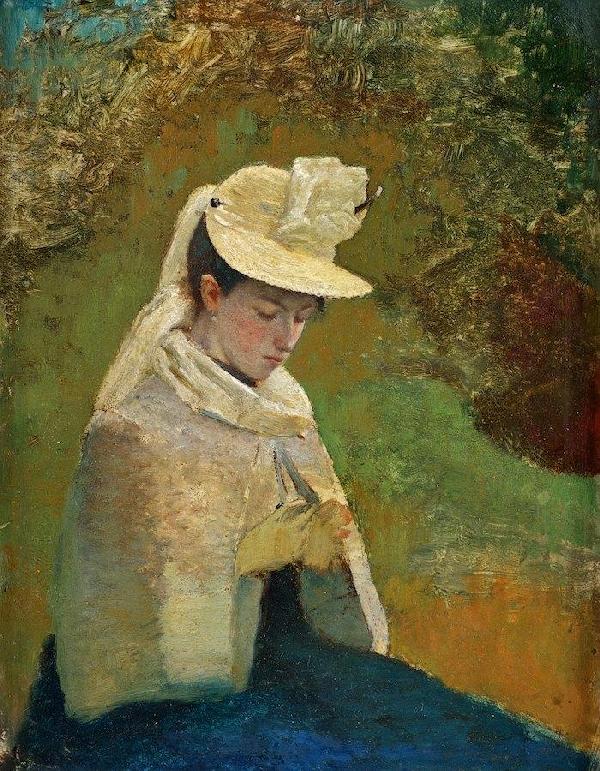 Circle of Thomas Eakins (1844-1916, American), pa: Circle of Thomas Eakins (1844-1916, American), painting, Portrait of a lady with white hat, oil on panel, apparently unsigned, ink stamp on panel verso, 9" x 7" (sight), framed
