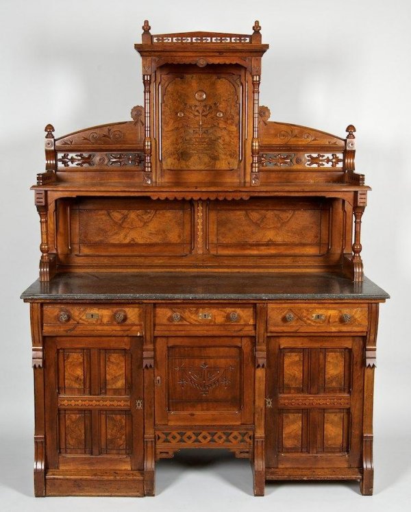 Eastlake carved and burl walnut marble top sidebo: Eastlake carved and burl walnut marble top sideboard, 19th c., 78"h x 60"w x 24"d