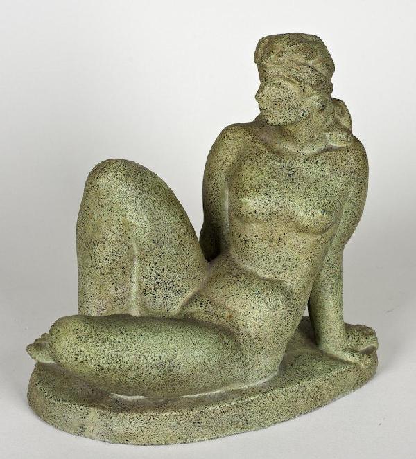 Robert Laurent (1890-1970, American), cast sculpt: Robert Laurent (1890-1970, American), cast sculpture, Reclining woman, green toned cast stone, signed, 10.5"h x 10.75"l x 6"d