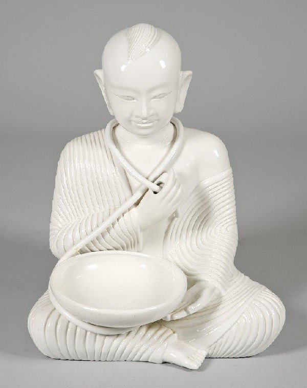 Large Italian white pottery Buddha signed Mattiel: Large Italian white pottery Buddha signed Mattiello, 20th c., reminiscent of Jonathan Adler's work, 21"h x 18"w x 14"d