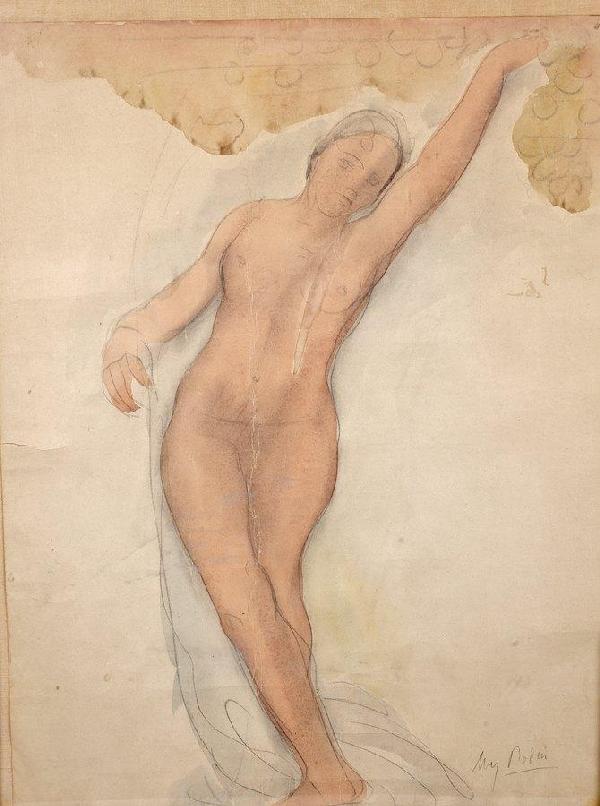 Attrib. to Auguste Rodin (1840-1917, French), pai: Attrib. to Auguste Rodin (1840-1917, French), painting, Posed nude, watercolor and pencil on paper, bears signature, lower right, 23.5" x 17.5" (sheet), matted and framed under glass