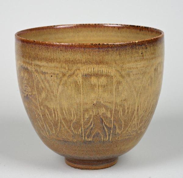 Studio pottery bowl by Mary & Edwin Scheier: Studio pottery bowl by Mary & Edwin Scheier, 20th c., incised figural designs, signed "Scheier", 6"h x 6.5"dia.