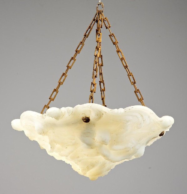 Art Nouveau white opaline and bronze glass chande: Art Nouveau white opaline and bronze glass chandelier, First half 20th c., 26"h x 24"dia.