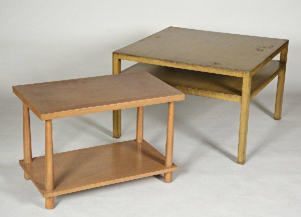 (2) T.H. Robsjohn Gibbings for Widdicomb occasion: (2) T.H. Robsjohn Gibbings for Widdicomb occasional tables, Mid 20th c., 22.5"h x 34"squ. (larger), 20.5"h x 30"l x 18"d