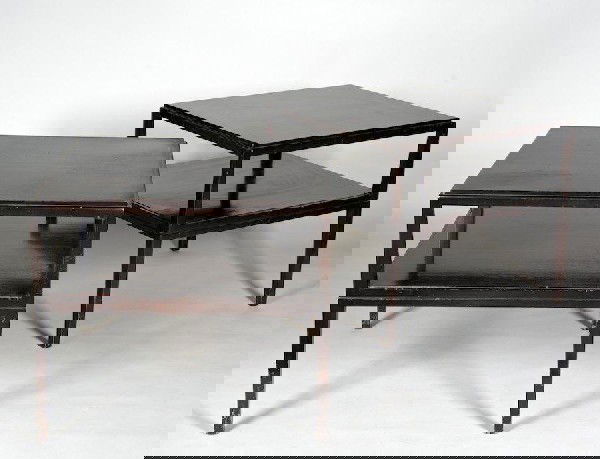 Pair Charak Modern parquet top side tables: Pair Charak Modern parquet top side tables, Mid 20th c., 25.5"h x 29"squ.