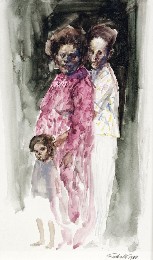 Roberto Fabelo (b. 1950, Cuban), watercolor paint: Roberto Fabelo (b. 1950, Cuban), watercolor painting, Family portrait, watercolor on paper, signed and dated "Fabelo - '88", lower right, 9.75" x 5.75" (sight), matted and framed