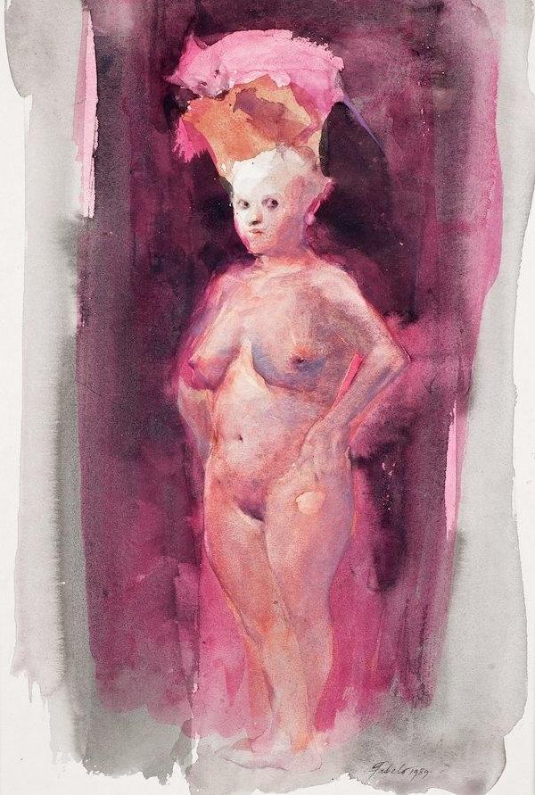 Roberto Fabelo (b. 1950, Cuban), watercolor paint: Roberto Fabelo (b. 1950, Cuban), watercolor painting, Nude with hat, watercolor on paper, signed and dated "Fabelo - '89", lower right, 13.75" x 9.5" (sight), matted and framed