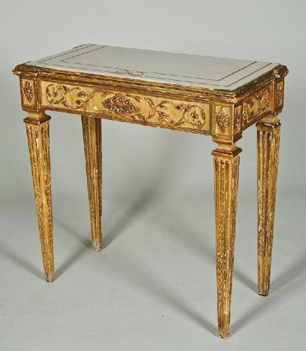 Antique Italian Neoclassical cream painted pier t: Antique Italian Neoclassical cream painted pier table, Late 19th c., with inlaid marble top, 35"h x 34"l x 17.25"d