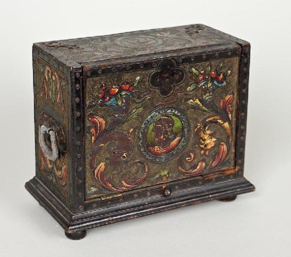 Continental tooled and polychromed leather box: Continental tooled and polychromed leather box, 19th c., 5.5"h x 7"l x 3.75"d