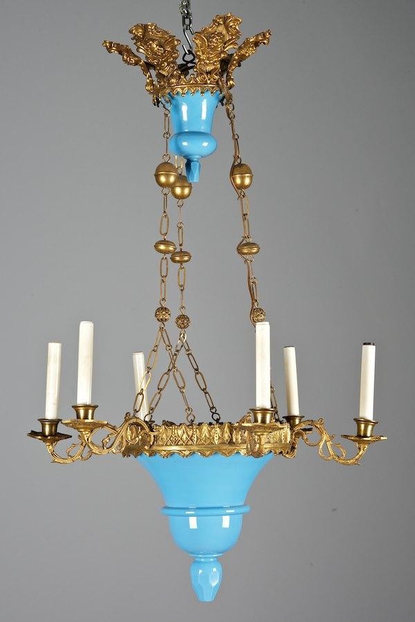 Continental blue opaline glass and bronze chandel: Continental blue opaline glass and bronze chandelier, 19th c., 6-lights, 36"h x 23.5"dia.