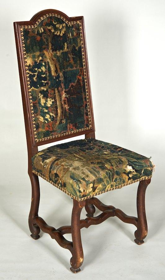 Flemish Baroque style chair with antique tapestry: Flemish Baroque style chair with antique tapestry seat, 17th c. and later, 46.5"h x 20"w x 18"d