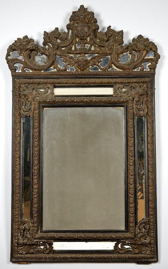 Continental Baroque brass and ebonized wood mirro: Continental Baroque brass and ebonized wood mirror, 18th/19th c., 61.5"h x 36.5"w
