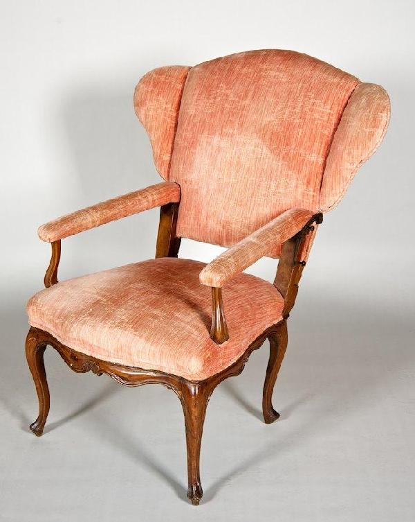 Rare Italian Rococo walnut reclining wing chair: Rare Italian Rococo walnut reclining wing chair, 18th/19th c., 43"h x 37.5"w x 24"d
