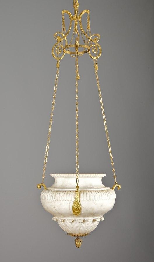 Empire gilt bronze and carved alabaster lantern: Empire gilt bronze and carved alabaster lantern, Early 19th c., poss. Italian, 46"h x 16"dia.