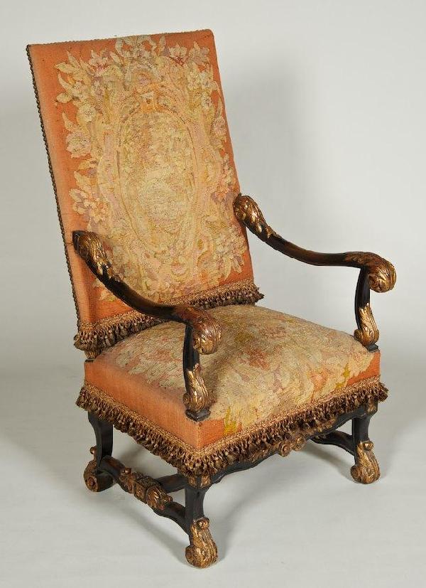 Flemish Baroque style armchair with tapestry seat: Flemish Baroque style armchair with tapestry seating, 19th/20th c., 46"h x 26.5"w x 23"d