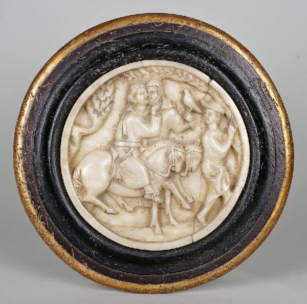 Early Continental carved alabaster relief plaque: Early Continental carved alabaster relief plaque, Poss. 16th c., 8.5"dia., framed