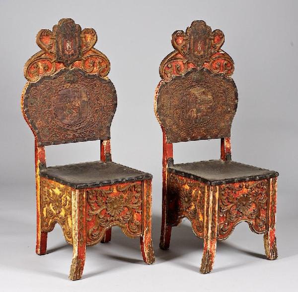 Pair Spanish Colonial red painted and gilt chairs: Pair Spanish Colonial red painted and gilt chairs, 19th c., 48"h x 22"w x 19"d
