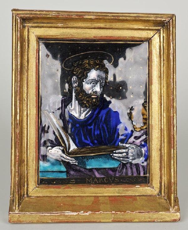 Antique Limoges enamel plaque of St. Mark: Antique Limoges enamel plaque of St. Mark, 17th/18th c., 5.5" x 4.25" (sight), giltwood frame
