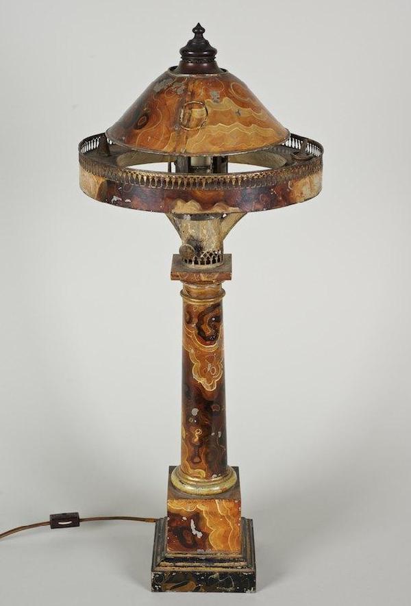 Antique French tole faux peinte agate sinumbra la: Antique French tole faux peinte agate sinumbra lamp, 19th c., 22"h x 9.25"dia.