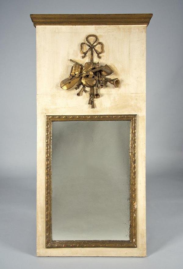 Antique Louis XVI style cream painted trumeau mir: Antique Louis XVI style cream painted trumeau mirror, 19th/20th c., 59.75"h x 29.5"w