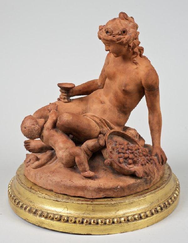 Nice antique terra cotta model of Venus and Cupid: Nice antique terra cotta model of Venus and Cupid, 18th/19th c., probably French, unsigned, with giltwood stand, 9.5"h x 8.75"dia. (excl. stand)