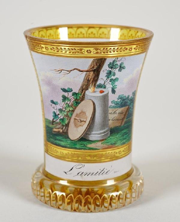 Viennese transparent enamel beaker by Kothgrasser: Viennese transparent enamel beaker by Kothgrasser, 19th c., probably by Anton Kothgasser, inscribed "L'Amitie", approx. 4"h x 3"dia.