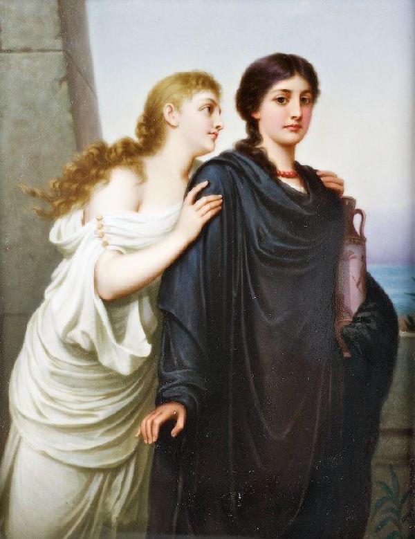 KPM Berlin painted porcelain plaque: KPM Berlin painted porcelain plaque, Two classical women in black and white, unsigned, no. 316 - 230/185, 8.75" x 6.75" (sight), framed