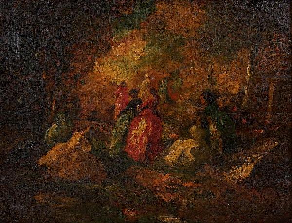 Attrib. to Diaz de la Pena (1807-1876, French), p: Attrib. to Diaz de la Pena (1807-1876, French), painting, Figures in a garden, oil on cradled panel, apparently unsigned or possibly obscured, 10.25" x 13.5" (sight), giltwood frame