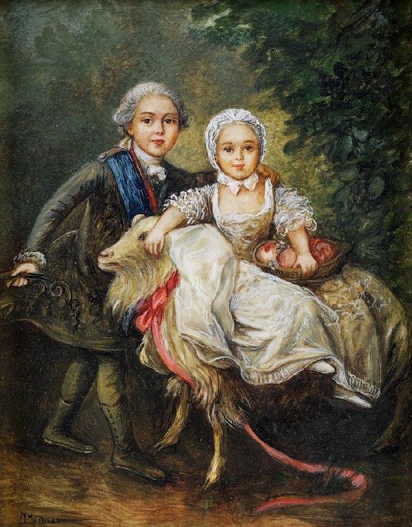 French portrait miniature on ivory after Drouais: French portrait miniature on ivory after Drouais, "L'Enfants Royale", colors on ivory, signed lower right, 6.5" x 4.75" (sight), matted and framed