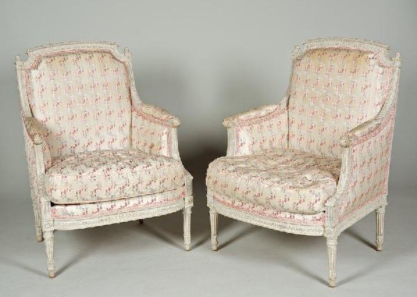 Pair antique Louis XVI style white painted berger: Pair antique Louis XVI style white painted bergeres, Late 19th/20th c., 39.5"h x 27.5"w x 27"d