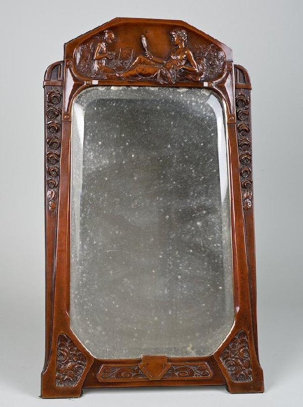 Art Nouveau patinated bronze table mirror: Art Nouveau patinated bronze table mirror, Early 20th c., stamped factory mark of an owl and GG, 26"h x 15.5"w