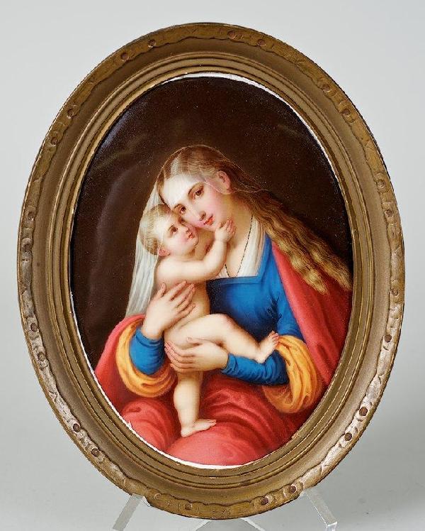 KPM Berlin painted porcelain plaque: KPM Berlin painted porcelain plaque, Madonna and Child, unsigned, no. K-1, inscribed on verso "Madonna Lucas Cranach Tyrol", 7" x 5.25" (sight), framed