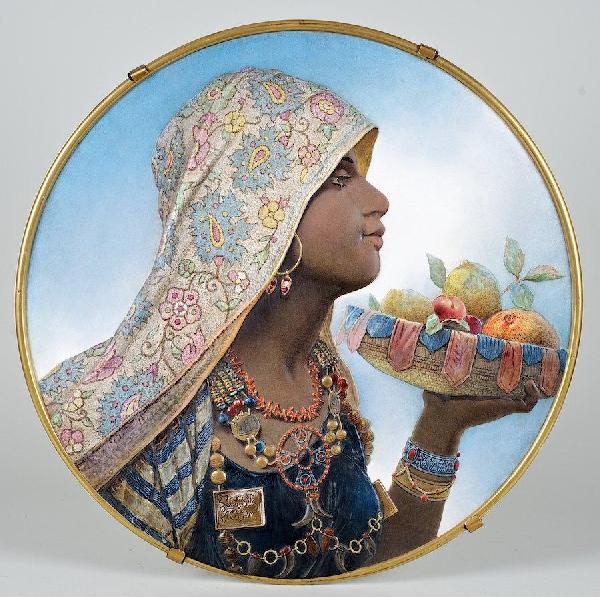 French Orientalist hand painted pottery plaque: French Orientalist hand painted pottery plaque, Late 19th c., Arabian beauty, stamped "8 12 LZ", 22.25"dia.