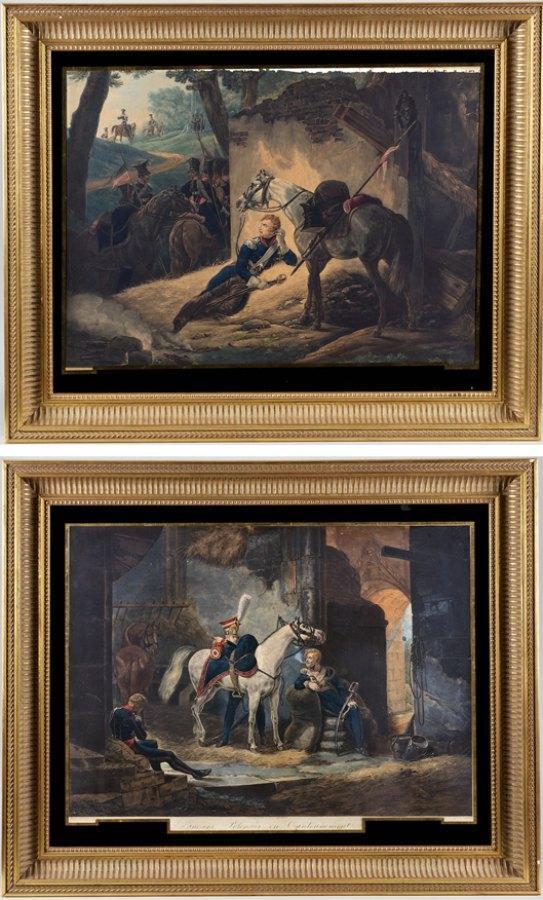 Philibert Debucourt (1755-1832, French), (2) aqua: Philibert Debucourt (1755-1832, French), (2) aquatints, 19th c., "Lanciers Polonnaise..." and one other, (2) large colored aquatints, after Vernet, 22.25" x 30.5" (sight), eglomise matted and framed