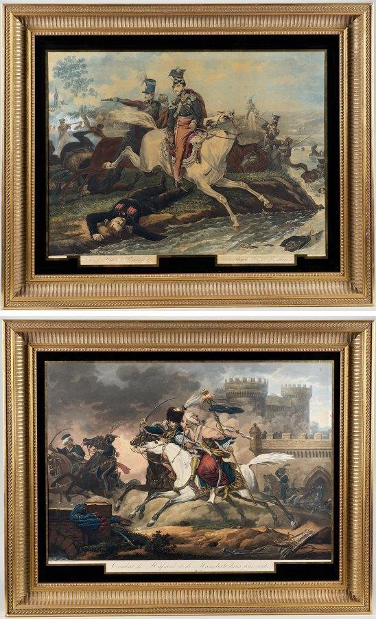 Philibert Debucourt (1755-1832, French), (2) aqua: Philibert Debucourt (1755-1832, French), (2) aquatints, 19th c., "Combat de Hussard..." and one other, (2) large colored aquatints, after Vernet, 22.25" x 30.5" (sight), eglomise matted and framed