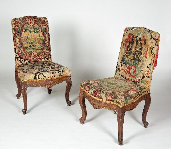 Good pair Regence beechwood needlepoint side chai: Good pair Regence beechwood needlepoint side chairs, 18th c., 36.5"h x 22"w x 21"d