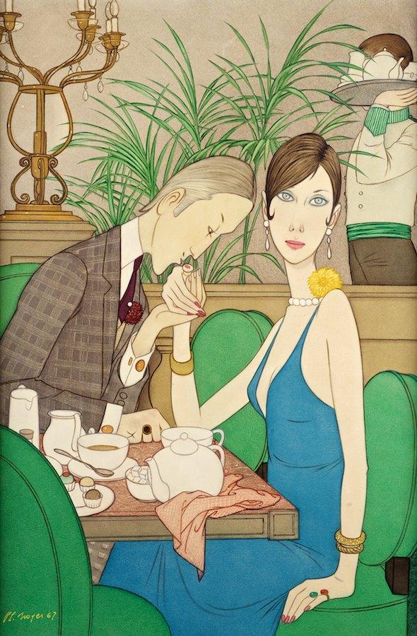 Philippe-Henri Noyer (1917-1985, French), paintin: Philippe-Henri Noyer (1917-1985, French), painting, "Tea for Two", oil on canvas, signed and dated "P.L. Noyer - '67", 31.5" x 20.5" (sight), framed