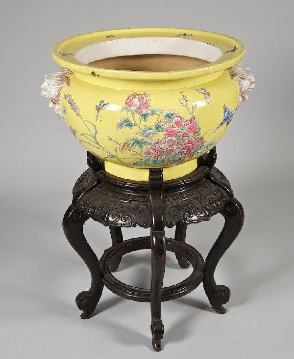 Large and fine French faience jardiniere on stand: Large and fine French faience jardiniere on stand, Late 19th c., stamped "Toujours?", 17.5"h x 25"dia. (excl. stand), 41.25"h x 26"dia. (total)