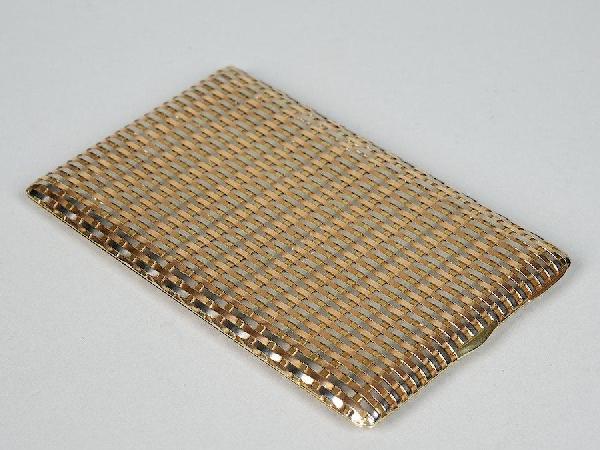 14K tri-color gold basket cigarette case by Carti: 14K tri-color gold basket cigarette case by Cartier, Circa 1931, inscribed to Harry Cushing III, descendent of the Vanderbilts, 3"w x 5"l, approx. 87.3 dwt.