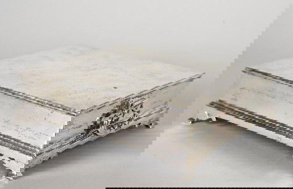 English sterling silver humidor by Alfred Dunhill: English sterling silver humidor by Alfred Dunhill, London, c. 1962, 2.25"h x 8.75"l x 7"d, approx. 51.6 ozt. (total)