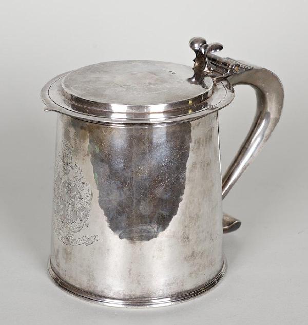 Victorian sterling Oxford Univ. presentation tank: Victorian sterling Oxford Univ. presentation tankard, London, c. 1868, maker's mark "AP-FP", inscribed "Reproduction of Silver Tankard, the Gift of James Duke of Ormond, Chancellor of the University o