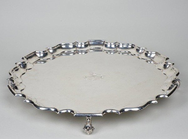 Large Edward VII sterling silver footed salver: Large Edward VII sterling silver footed salver, London, c. 1904, maker Herbert Charles Lambert, engraved arms "IN DOMINO CONFIDO", 20"dia., approx. 105 ozt.