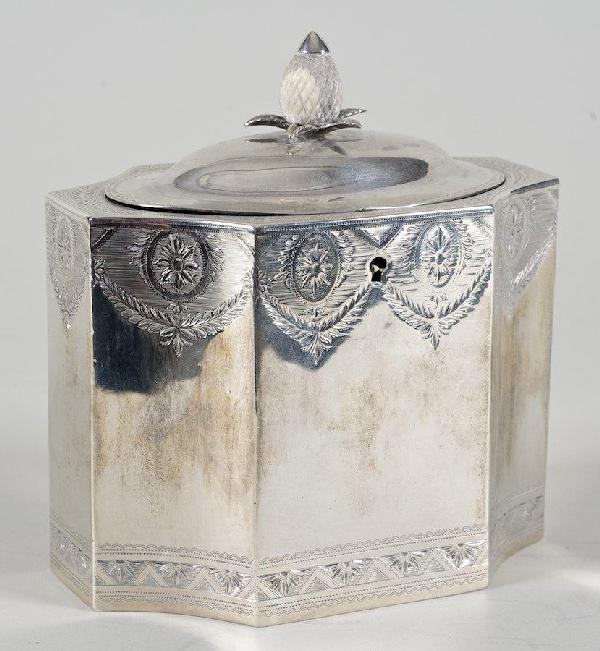 George III sterling silver tea caddy: George III sterling silver tea caddy, London, circa 1795, maker's marks those of Robert & David Hennell, ivory finial, 5.25"h x 5"l x 3.25"d, approx. 9.9 ozt.