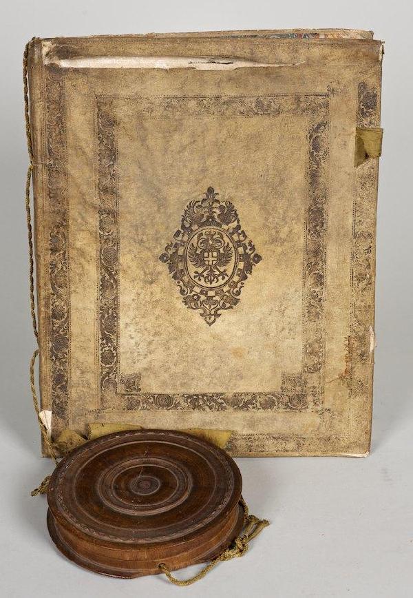 Maria Theresa, Holy Roman Empress, document signe: Maria Theresa, Holy Roman Empress, document signed, 1757, 13 vellum leaves, original binding (splitting), with wax seal in turned wood case