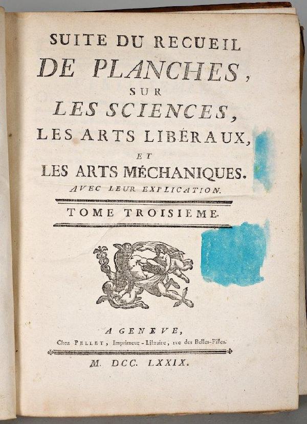 Diderot Plates: Diderot Plates, Suite De Recueil des Planches sur les Sciencesƒ Geneve, 1779, qto., vol. III, with plates on Architecture, Surgery, Atlas, Military arts, Etc.