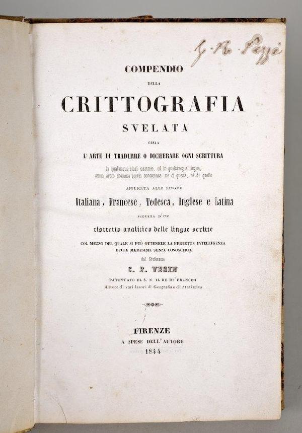 Vesin, C.F. Compendio Della Crittografia: Vesin, C.F. Compendio Della Crittografia, Compendio Della Crittografia, Firenze, 1844, 8vo