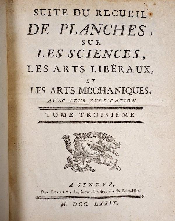 Diderot, Suite de Receuil De Planches Sur les Sci: Diderot, Suite de Receuil De Planches Sur les Sciences, Paris, 1779, vol. III, with 10 maps, etc., plates include, architecture, music, atlas, surgery and military